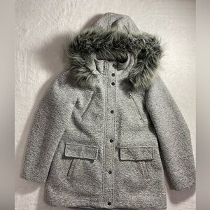 a.n.a A New Approach Grey Bouclé Parka Coat with Faux Fur Hood - Size L women